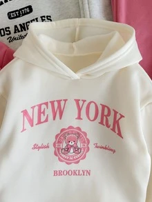 SHEIN 女童字母圖案連帽衛衣與長褲休閒日常套裝 - 彩色 - 查看 7