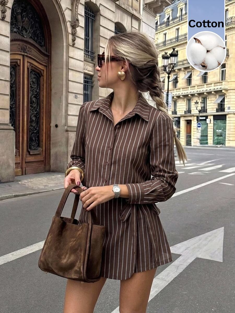 Serisse 女款 2 件套秋季套裝 棕色條紋長袖鈕扣襯衫與包臀短褲套裝 棉質套裝 商務休閒上班穿搭 - 棕色 - 查看 1