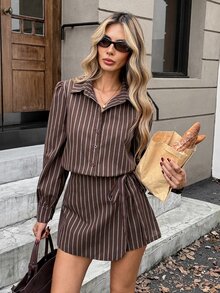 Serisse Women 2 Pieces Sets Fall Outfits Brown Striped Long Sleeve Button Up Shirt And Wrap Shorts Set Cotton Matching Set Business Casual Work Outfit - Brown - View 10