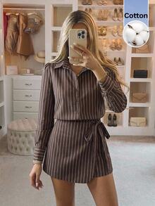 Serisse Women 2 Pieces Sets Fall Outfits Brown Striped Long Sleeve Button Up Shirt And Wrap Shorts Set Cotton Matching Set Business Casual Work Outfit - Brown - View 6