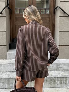 Serisse Women 2 Pieces Sets Fall Outfits Brown Striped Long Sleeve Button Up Shirt And Wrap Shorts Set Cotton Matching Set Business Casual Work Outfit - Brown - View 2