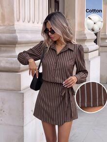 Serisse Women 2 Pieces Sets Fall Outfits Brown Striped Long Sleeve Button Up Shirt And Wrap Shorts Set Cotton Matching Set Business Casual Work Outfit - Brown - View 5