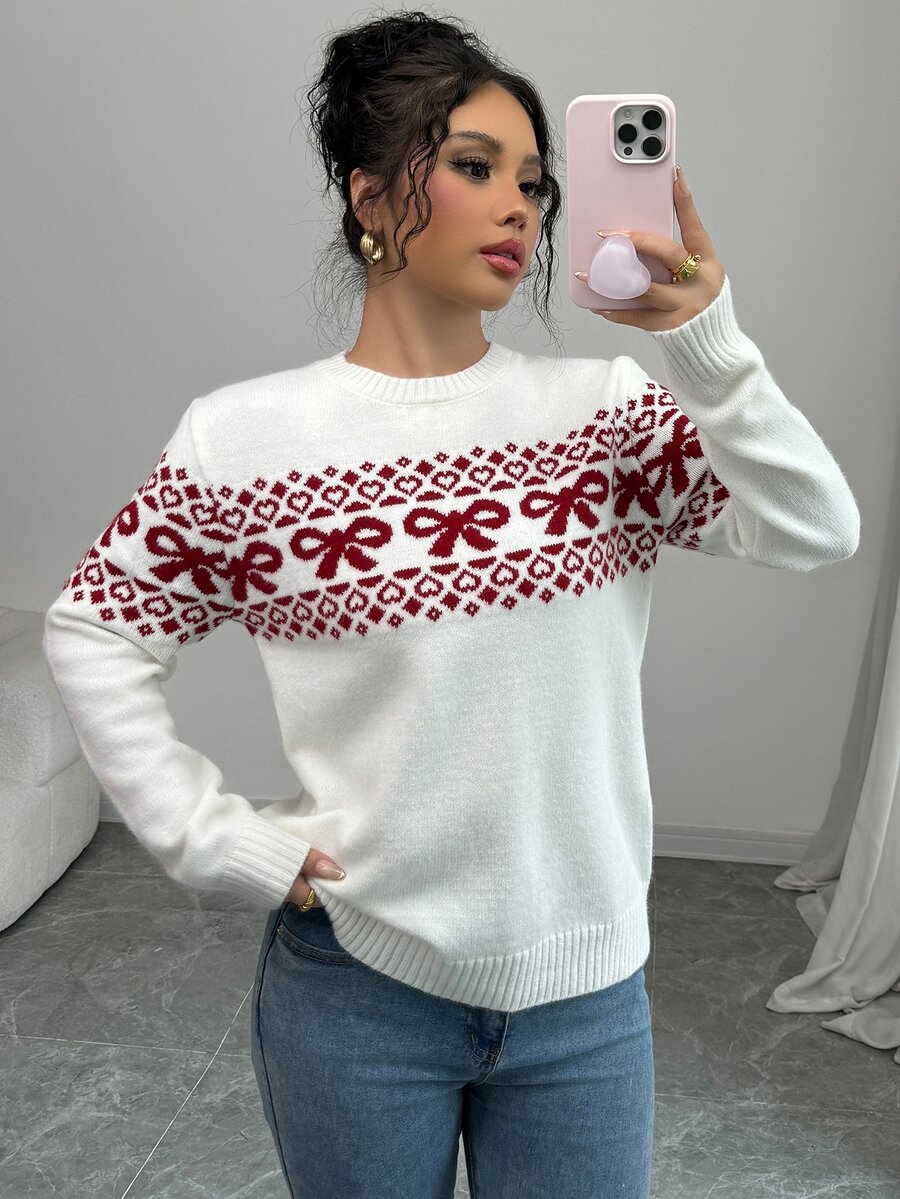 valorelle valorelle Crew Neck Bow Decor Pullover Sweater, Minimalist Fashion Casual For Everyday Wear Knit Pullover Fall Winter, Christmas - Apricot - View 1