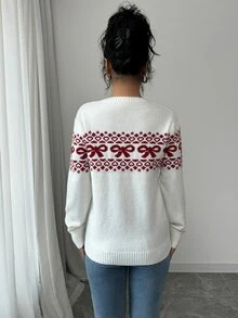 valorelle valorelle Crew Neck Bow Decor Pullover Sweater, Minimalist Fashion Casual For Everyday Wear Knit Pullover Fall Winter, Christmas - Apricot - View 2