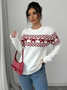 valorelle valorelle Crew Neck Bow Decor Pullover Sweater, Minimalist Fashion Casual For Everyday Wear Knit Pullover Fall Winter, Christmas - Apricot - View 6