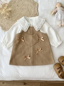 SHEIN Vintaside Kids 女童復古學院風兩件套，領口長袖襯衫與燈芯絨背心裙，適合秋季家庭野餐、週末生日派對、幼兒園穿搭與溫馨假期拍照，讓您的孩子成為焦點 - 卡其色 - 查看 5