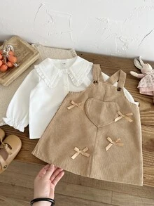 SHEIN Vintaside Kids 女童復古學院風兩件套，領口長袖襯衫與燈芯絨背心裙，適合秋季家庭野餐、週末生日派對、幼兒園穿搭與溫馨假期拍照，讓您的孩子成為焦點 - 卡其色 - 查看 3