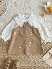 SHEIN Vintaside Kids 女童復古學院風兩件套，領口長袖襯衫與燈芯絨背心裙，適合秋季家庭野餐、週末生日派對、幼兒園穿搭與溫馨假期拍照，讓您的孩子成為焦點 - 卡其色 - 查看 4