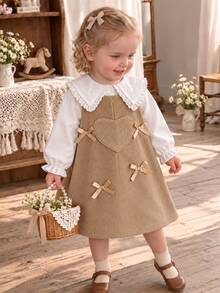 SHEIN Vintaside Kids 女童復古學院風兩件套，領口長袖襯衫與燈芯絨背心裙，適合秋季家庭野餐、週末生日派對、幼兒園穿搭與溫馨假期拍照，讓您的孩子成為焦點 - 卡其色 - 查看 7