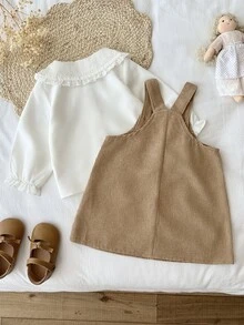 SHEIN Vintaside Kids 女童復古學院風兩件套，領口長袖襯衫與燈芯絨背心裙，適合秋季家庭野餐、週末生日派對、幼兒園穿搭與溫馨假期拍照，讓您的孩子成為焦點 - 卡其色 - 查看 2