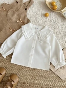 SHEIN Vintaside Kids 女童復古學院風兩件套，領口長袖襯衫與燈芯絨背心裙，適合秋季家庭野餐、週末生日派對、幼兒園穿搭與溫馨假期拍照，讓您的孩子成為焦點 - 卡其色 - 查看 8