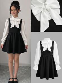 SHEIN 青少年女孩花瓣袖拼接黑色洋裝，2件式休閒日常時尚百搭舒適柔軟正式場合穿搭 - 黑色 - 查看 2