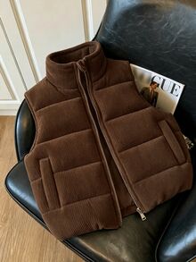SHEIN Tween Girl Clothes Girls Gilet Body Warmer Puffer Vest Fleece Lined Autumn Gym Workout Off-White Modest Graphic Graphic Gym Workout - Brown - View 5