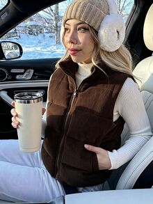 SHEIN Tween Girl Clothes Girls Gilet Body Warmer Puffer Vest Fleece Lined Autumn Gym Workout Off-White Modest Graphic Graphic Gym Workout - Brown - View 3
