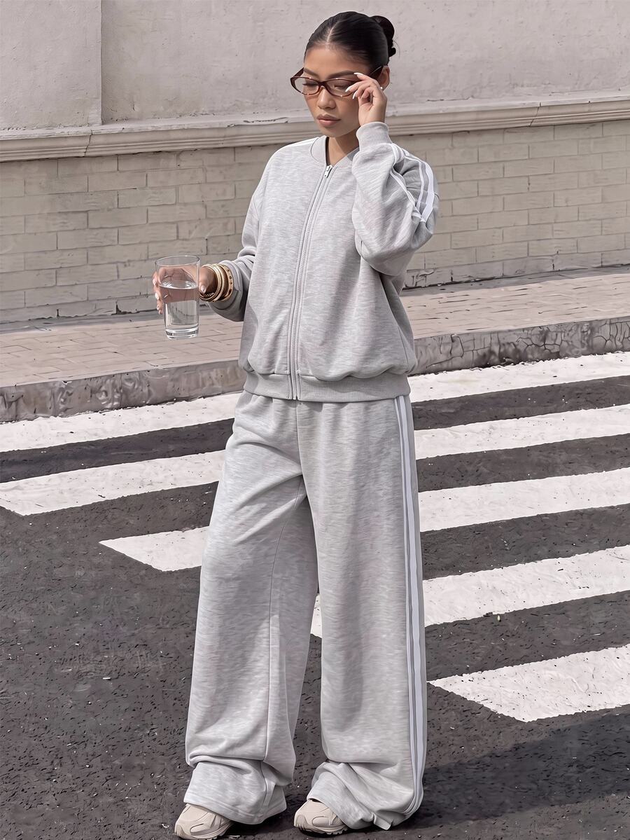 Teen Girls Teen Girl Autumn Grey Casual Long Sleeve Set Long Streetwear Daily Webbing Sport Sweatshirt Jacket Back To School - Grey - View 1