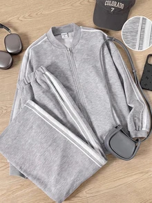 Teen Girls Teen Girl Autumn Grey Casual Long Sleeve Set Long Streetwear Daily Webbing Sport Sweatshirt Jacket Back To School - Grey - View 5