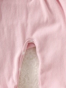 SHEIN 4 Pack Newborn Baby Girls Jumpsuit Gift Set Sweet Cute Light Pink Bow Lace Ribbed Long Sleeve Collar Birthday Family Party Matching Family Fall Ruffle - Pink - View 8