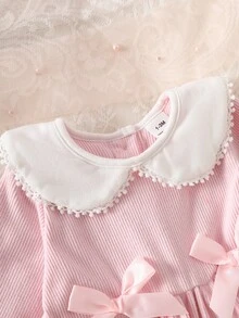 SHEIN 4 Pack Newborn Baby Girls Jumpsuit Gift Set Sweet Cute Light Pink Bow Lace Ribbed Long Sleeve Collar Birthday Family Party Matching Family Fall Ruffle - Pink - View 7