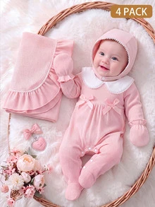 SHEIN 4 Pack Newborn Baby Girls Jumpsuit Gift Set Sweet Cute Light Pink Bow Lace Ribbed Long Sleeve Collar Birthday Family Party Matching Family Fall Ruffle - Pink - View 4