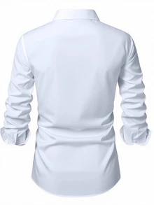 Manfinity Mode 男士時尚休閒長袖襯衫，純色鈕扣長袖襯衫，正式，老錢風 - 白色 - 查看 2