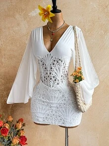 Soleia Elegant V-Neck Lace Patchwork Ribbon Ruffle Sleeve Bustier Mini Dress For Women, Suitable For Party, Vacation, Date, Wedding Season, Ruching - White - View 6