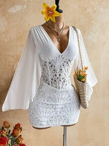 Soleia Elegant V-Neck Lace Patchwork Ribbon Ruffle Sleeve Bustier Mini Dress For Women, Suitable For Party, Vacation, Date, Wedding Season, Ruching - White - View 4
