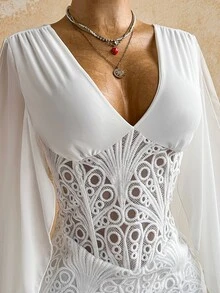 Soleia Elegant V-Neck Lace Patchwork Ribbon Ruffle Sleeve Bustier Mini Dress For Women, Suitable For Party, Vacation, Date, Wedding Season, Ruching - White - View 5
