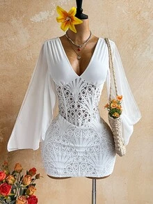 Soleia Elegant V-Neck Lace Patchwork Ribbon Ruffle Sleeve Bustier Mini Dress For Women, Suitable For Party, Vacation, Date, Wedding Season, Ruching - White - View 1