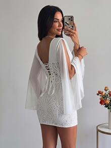 Soleia Elegant V-Neck Lace Patchwork Ribbon Ruffle Sleeve Bustier Mini Dress For Women, Suitable For Party, Vacation, Date, Wedding Season, Ruching - White - View 2