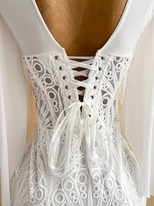 Soleia Elegant V-Neck Lace Patchwork Ribbon Ruffle Sleeve Bustier Mini Dress For Women, Suitable For Party, Vacation, Date, Wedding Season, Ruching - White - View 8
