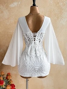 Soleia Elegant V-Neck Lace Patchwork Ribbon Ruffle Sleeve Bustier Mini Dress For Women, Suitable For Party, Vacation, Date, Wedding Season, Ruching - White - View 7