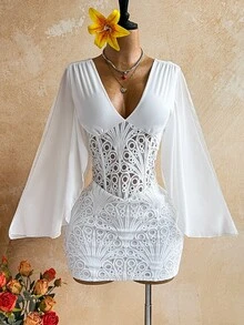 Soleia Elegant V-Neck Lace Patchwork Ribbon Ruffle Sleeve Bustier Mini Dress For Women, Suitable For Party, Vacation, Date, Wedding Season, Ruching - White - View 10