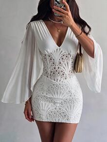 Soleia Elegant V-Neck Lace Patchwork Ribbon Ruffle Sleeve Bustier Mini Dress For Women, Suitable For Party, Vacation, Date, Wedding Season, Ruching - White - View 3