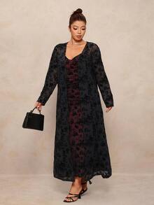 Elaquor Plus Size Women's Printed Waist-Cinching Cami Dress And Long Sleeve Cover-Up 2 Pieces Set Fall/Winter Elegant Christmas Day Party Dress Sets For Women - Multicolor - View 8