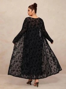 Elaquor Plus Size Women's Printed Waist-Cinching Cami Dress And Long Sleeve Cover-Up 2 Pieces Set Fall/Winter Elegant Christmas Day Party Dress Sets For Women - Multicolor - View 2