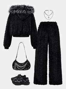 SHEIN 女童冬季黑色3D提花毛絨兩件套，毛領連帽拉鍊夾克 + 高腰寬腿長褲，柔軟保暖內裡套裝 - 黑色 - 查看 5