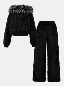 SHEIN 女童冬季黑色3D提花毛絨兩件套，毛領連帽拉鍊夾克 + 高腰寬腿長褲，柔軟保暖內裡套裝 - 黑色 - 查看 4