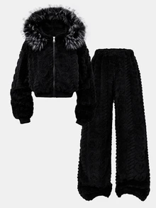SHEIN 女童冬季黑色3D提花毛絨兩件套，毛領連帽拉鍊夾克 + 高腰寬腿長褲，柔軟保暖內裡套裝 - 黑色 - 查看 3