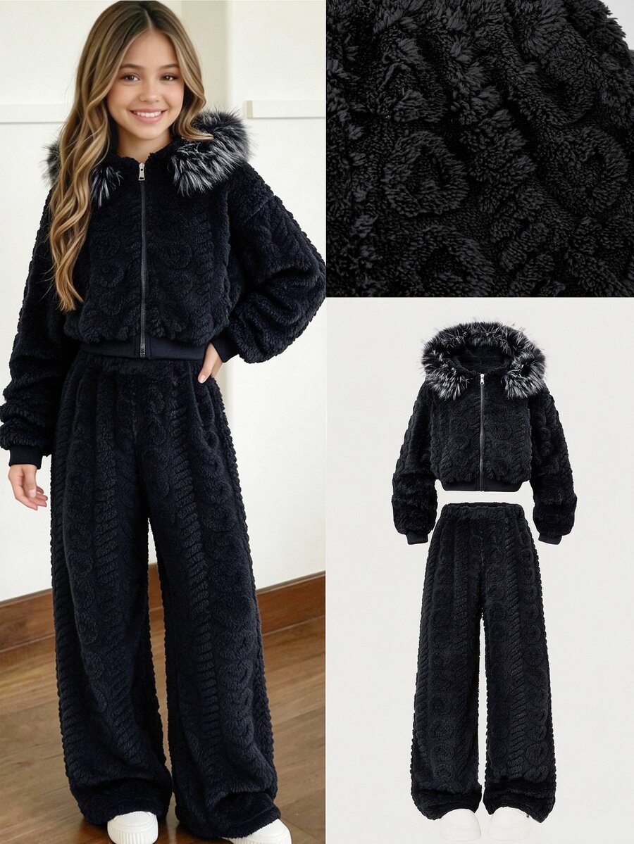 SHEIN 女童冬季黑色3D提花毛絨兩件套,毛領連帽拉鍊夾克 + 高腰寬腿長褲,柔軟保暖內裡套裝 - 黑色 - 查看 1
