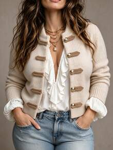 Ceyna Plus Size Women's New Autumn/Winter Modern Chinese Style Frog Button Stand Collar Long Sleeve Fitted Short Cardigan Sweater Casual Daily Jacket - Apricot - View 3