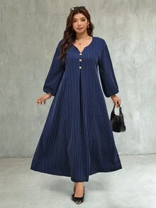 SHEIN LUNE فستان كاجوال مخطط للنساء مقاس كبير بياقة V مع تصميم أزرار للخريف - أزرق بحري - مشاهدة 7