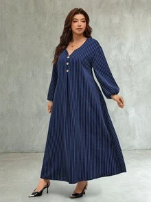 SHEIN LUNE فستان كاجوال مخطط للنساء مقاس كبير بياقة V مع تصميم أزرار للخريف - أزرق بحري - مشاهدة 3
