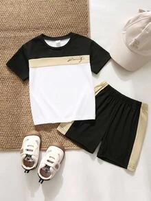 SHEIN 2pcs Young Boys Casual Loose Patchwork Letter Pattern Crew Neck Knit Short Sleeve Top T-Shirt & Shorts Set, Suitable For Commuting, School, Daily Casual, Travel, Sports, Spring/Summer, Vacation - Black - View 3