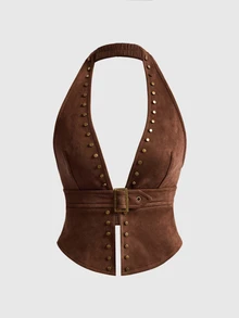 ROMWE Hippie Vintage Sexy Backless Faux Suede Rivet Decor Women's Tank Top - Brown - View 1