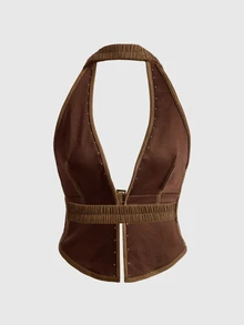 ROMWE Hippie Vintage Sexy Backless Faux Suede Rivet Decor Women's Tank Top - Brown - View 2