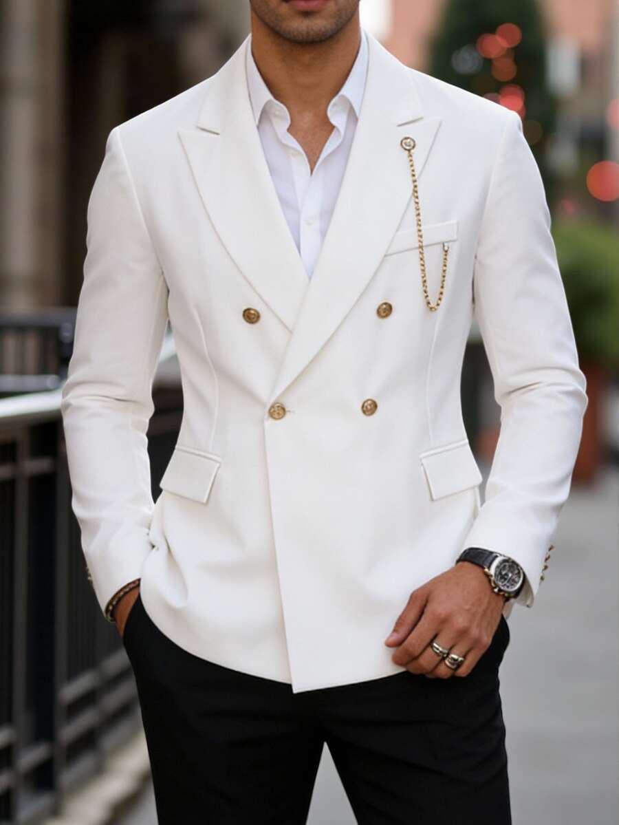 Calvornis Men's White Pocket Chain Casual Fashion Blazer Suitable For Wedding Season And Regular Party Occasions, Formal, Ceremony - White - View 1