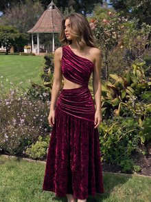 SHEIN MOD Chic Women's Fuchsia Velvet One Shoulder Long Dress With Waist Cutout Perfect For Parties,Rehearsal Dinner Dress For Guest,Party Dress - Burgundy - View 2