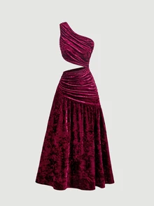SHEIN MOD Chic Women's Fuchsia Velvet One Shoulder Long Dress With Waist Cutout Perfect For Parties,Rehearsal Dinner Dress For Guest,Party Dress - Burgundy - View 3