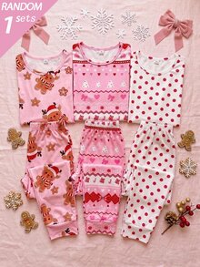 SHEIN 1套女童隨機短袖長褲修身居家服，聖誕圖案滿版印花、馴鹿與費爾島圖案滿版印花，節日風格 - 彩色 - 查看 1