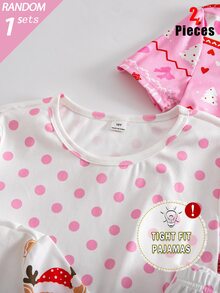 SHEIN 1套女童隨機短袖長褲修身居家服，聖誕圖案滿版印花、馴鹿與費爾島圖案滿版印花，節日風格 - 彩色 - 查看 12